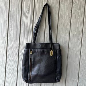 VTG Evan-Picone Black Leather Tote Bag Full Grain Brass Hang Tag Multi Pocket Pu